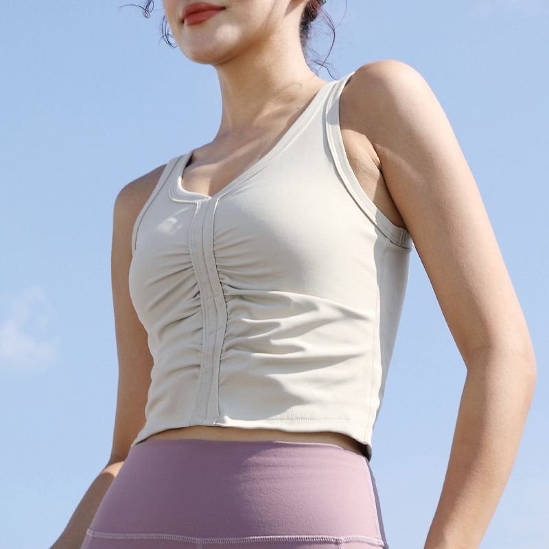 大码v领修身瑜伽运动长背心女带胸垫袖瑜伽服上衣跑步健身内衣1-2