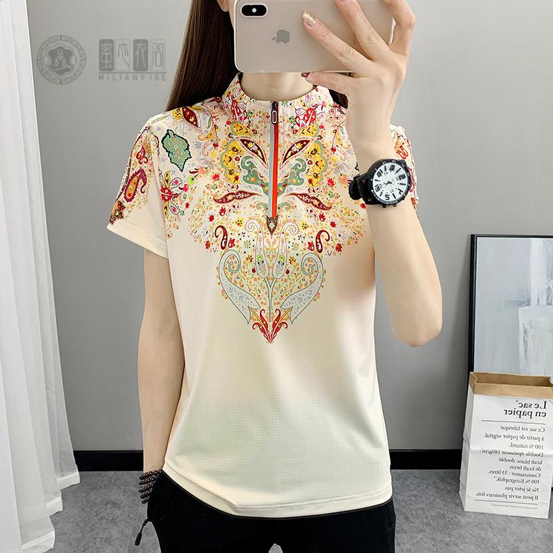 23D75印花户外运动速干衣女夏季休闲短袖恤健身跑步上衣宽松