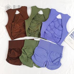 交叉绑带性感美背瑜伽背心固定杯女蜜桃臀健身短裤跑步运动套装