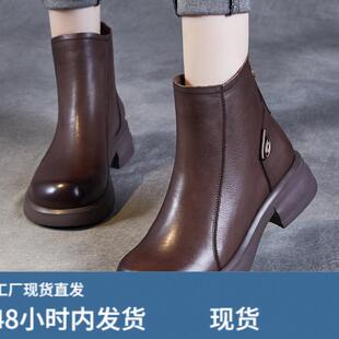 真皮马丁靴女2024冬季新款短靴女款加绒时尚平底百搭切尔西靴子冬
