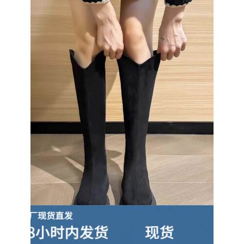 v口真陂不过膝长筒靴女2025秋冬季新款粗腿胖mm大筒围高筒骑士靴