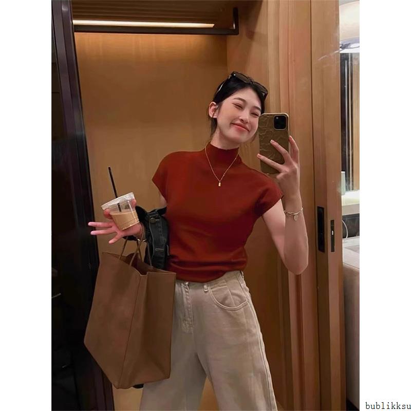 小飞袖半高领短袖针织衫t恤女春秋欧货高级感修身内搭打底衫上衣