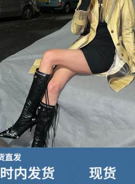 长靴女2025新款高跟尖头细跟显瘦铆钉流苏高筒长筒靴骑行靴机车靴
