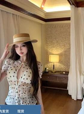 性感半透明乔其纱泡泡短袖小衫女收腰显瘦镂空设计波点纯欲上衣夏