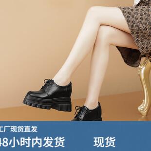 厚底女单鞋松糕跟乐福鞋真皮圆头系带内增高女士皮鞋牛皮高跟女鞋