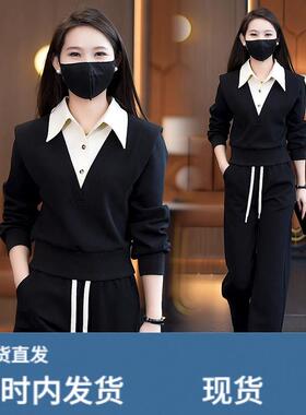 早春运动服套装女2026新款时尚休闲假两件polo领卫衣阔腿裤两件套