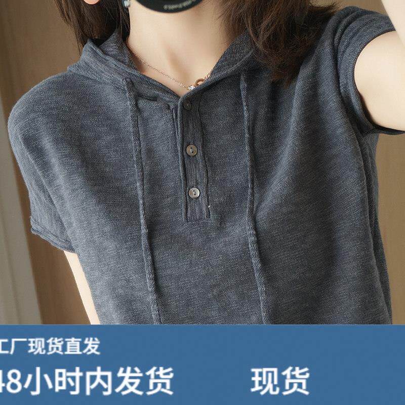 夏季纯檰连帽短袖女t恤韩版宽松全檰檰蔴V领帽衫针织打底衫上衣薄图片