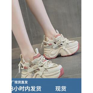 镂空洞洞老爹鞋女款外穿2025秋真皮爆款内增高炸街女士休闲鞋透气