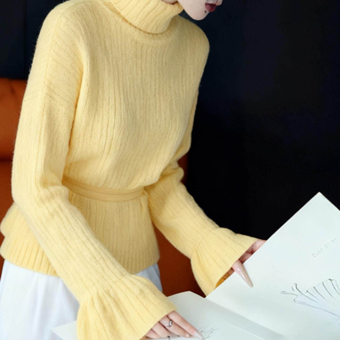 韩系chic温柔风黄色高领喇叭袖毛衣针织衫女秋冬款小个子套头上衣,孕妇装/孕产妇用品/营养,套装,淘宝优惠券,粉丝福利购,淘宝优惠卷