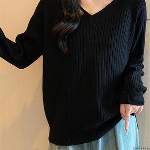 品牌折扣女式秋冬新款宽松v领针织衫针织衫胖mm盖腹瘦身Look下装