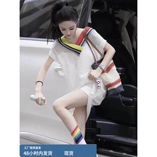 欧洲站拼色无袖冰丝针织衫女薄款夏季百搭宽松中长款洋气镂空上衣