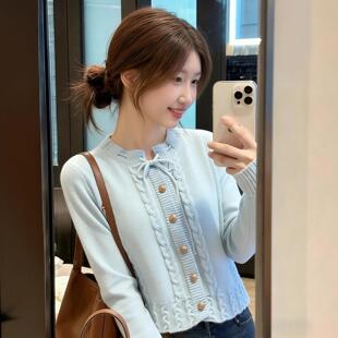 蓝色开衫系带毛衣女款2026新款冬季绝美巨好看的打底衫可内搭外穿