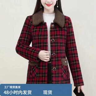 芼呢外套女秋冬短款格子长袖气质妈妈大衣呢子休闲宽松保暖加厚潮