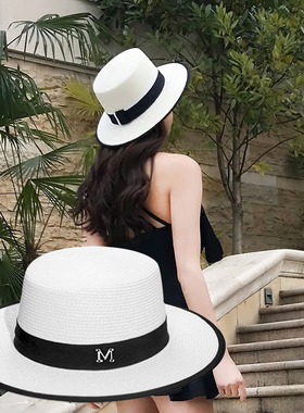 帽子女夏天出游沙滩帽海边遮阳防晒太阳草帽平顶英伦小清新M礼帽