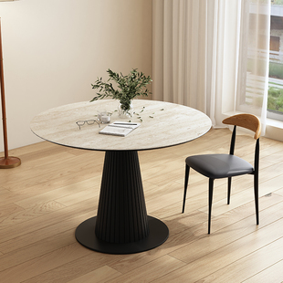 洞石岩板圆形餐桌家用小户型实木餐厅圆桌复古黑色简约餐厅饭桌