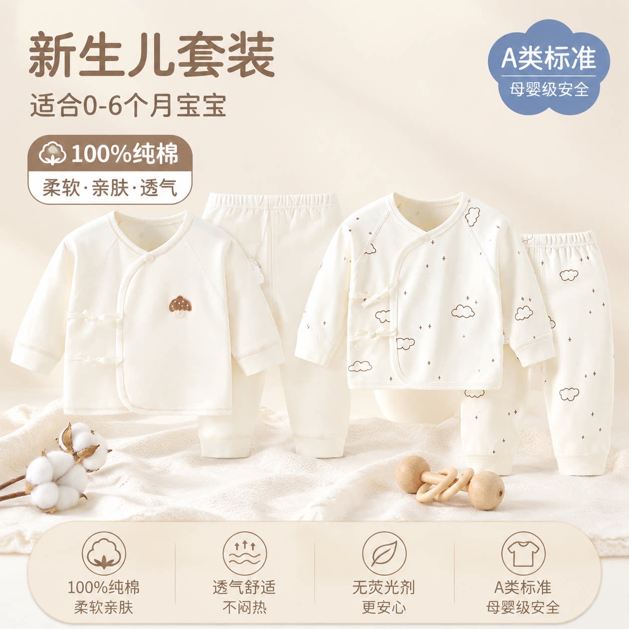 婴儿衣服套装秋季纯棉打底内衣长袖无骨春秋新生宝宝睡衣两件装