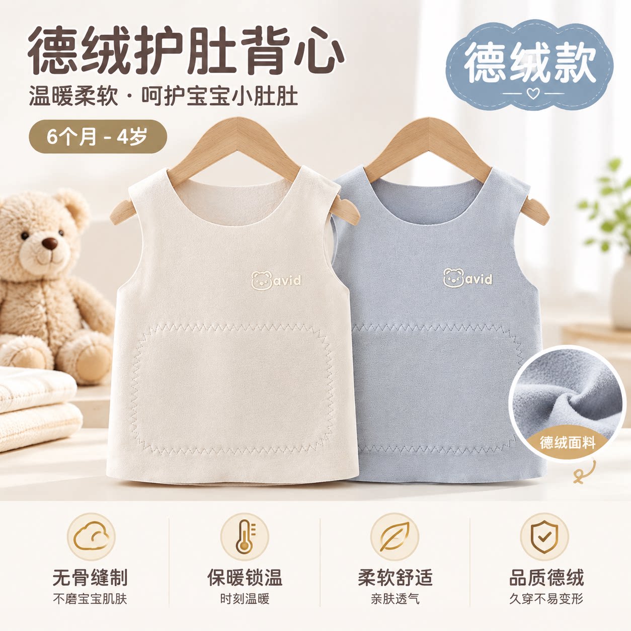 婴儿背心德绒无痕保暖秋冬儿童马甲男童女童坎肩宝宝发热打底内衣