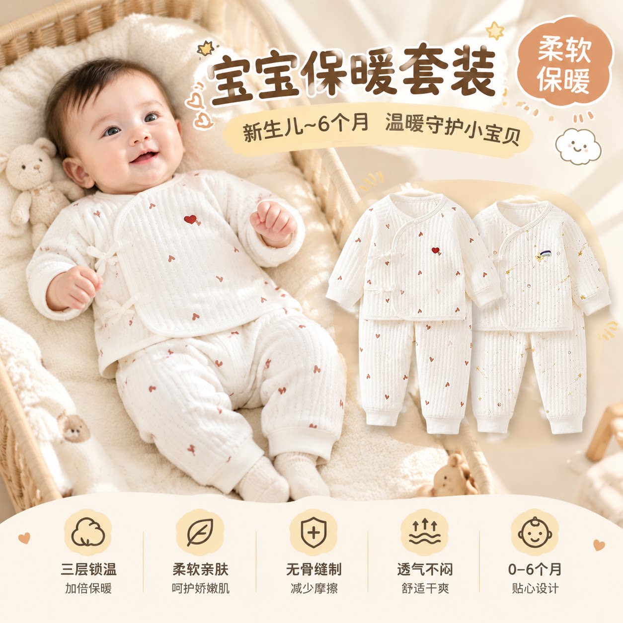 新生婴儿衣服a类纯棉0到6个月小月龄初生儿宝宝秋衣秋裤分体套装