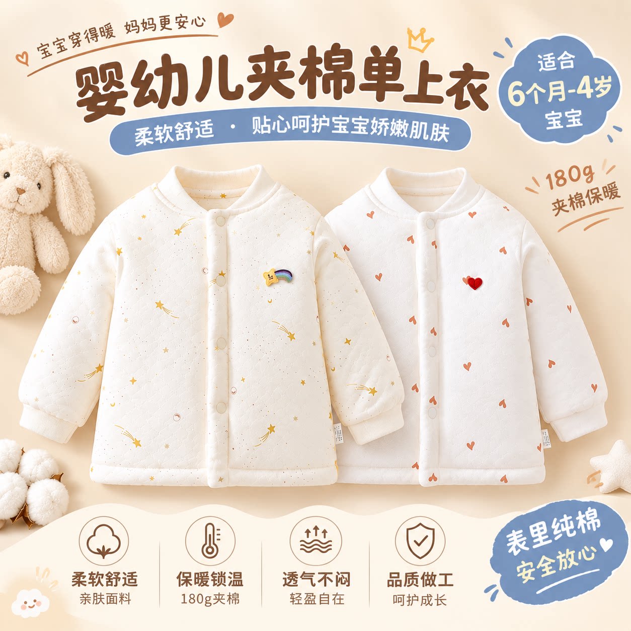 宝宝上衣秋冬季保暖纯棉衣服婴儿加厚打底衫家居秋衣儿童夹棉内衣