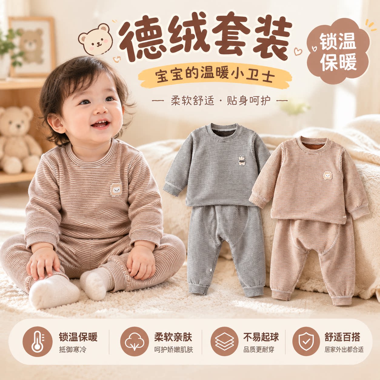 德绒套装宝宝秋冬装保暖男女婴儿秋衣秋裤打底儿童分体家居服睡衣