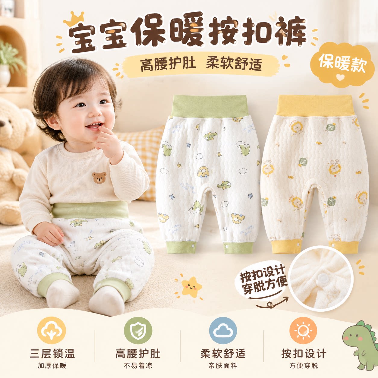 婴儿三层夹棉保暖裤高腰护肚男女童宝宝加厚表层纯棉秋裤睡裤无骨