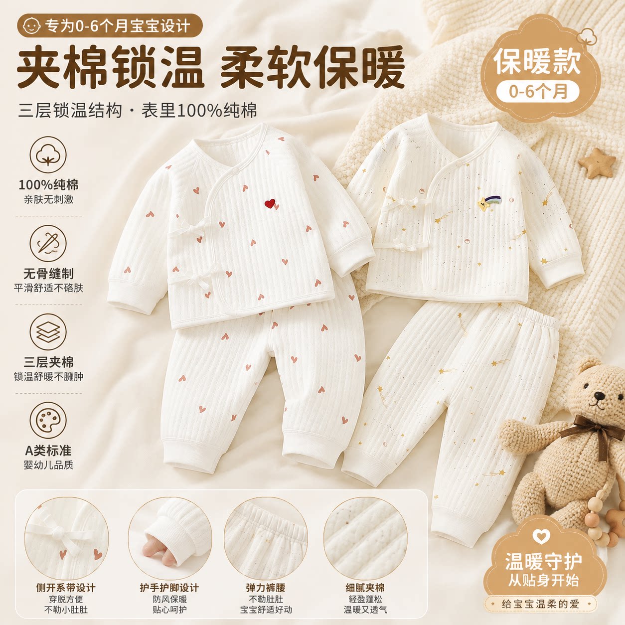 新生婴儿儿衣服秋冬纯棉刚出生分体和尚服夹棉套装百天宝宝保暖衣
