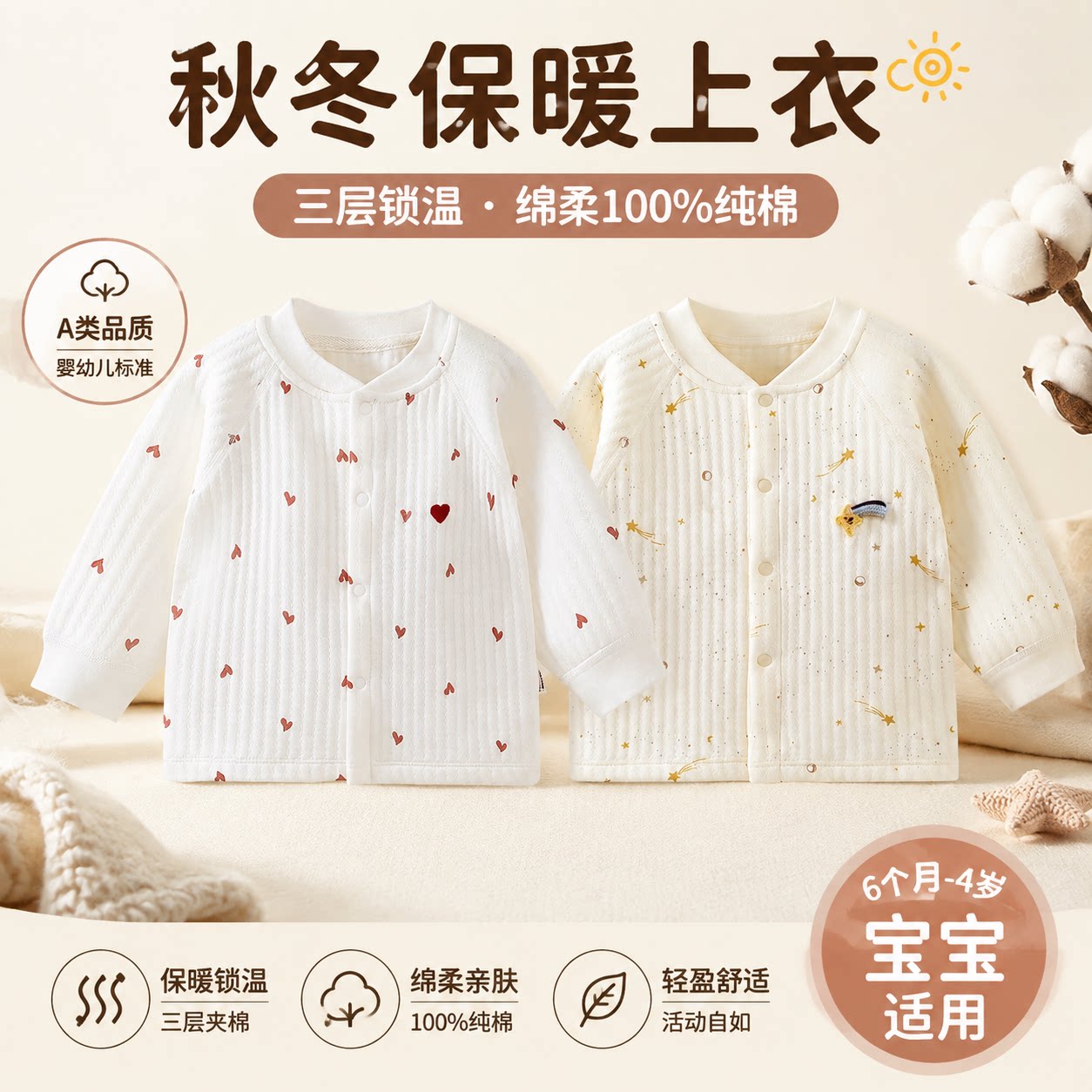 婴儿保暖上衣秋季纯棉宝宝开衫外套衣服儿童秋冬加厚贴身长袖内搭