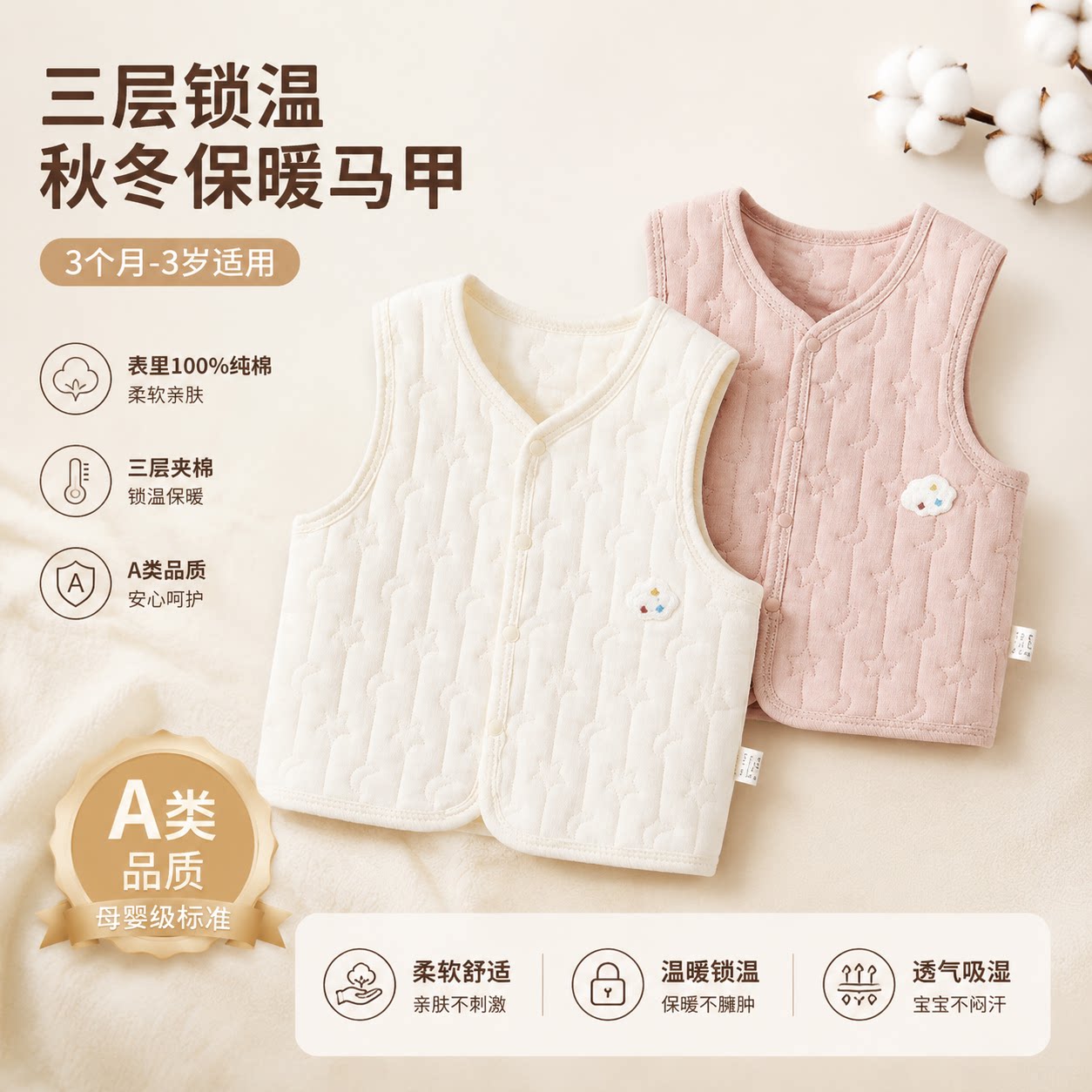 婴儿马甲纯棉a类秋季衣服保暖夹棉宝宝衣服秋冬款夹棉马甲小坎肩