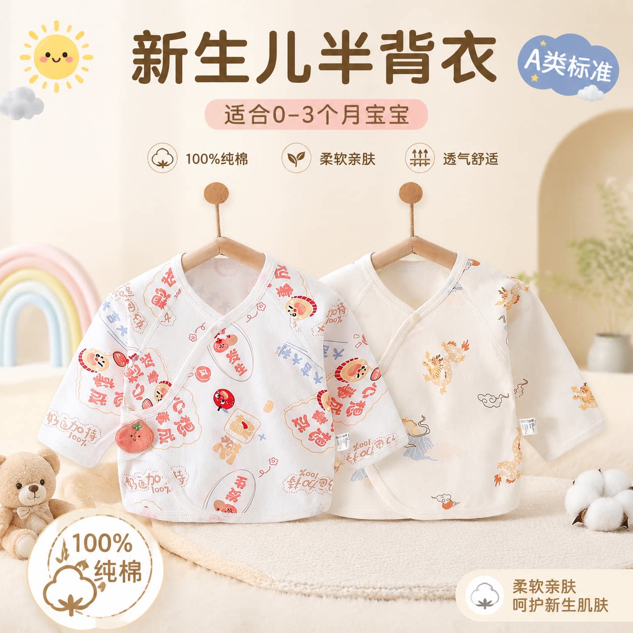 新生婴儿衣服半背衣春夏纯棉长袖打底初生儿婴儿衣服和尚服单上衣