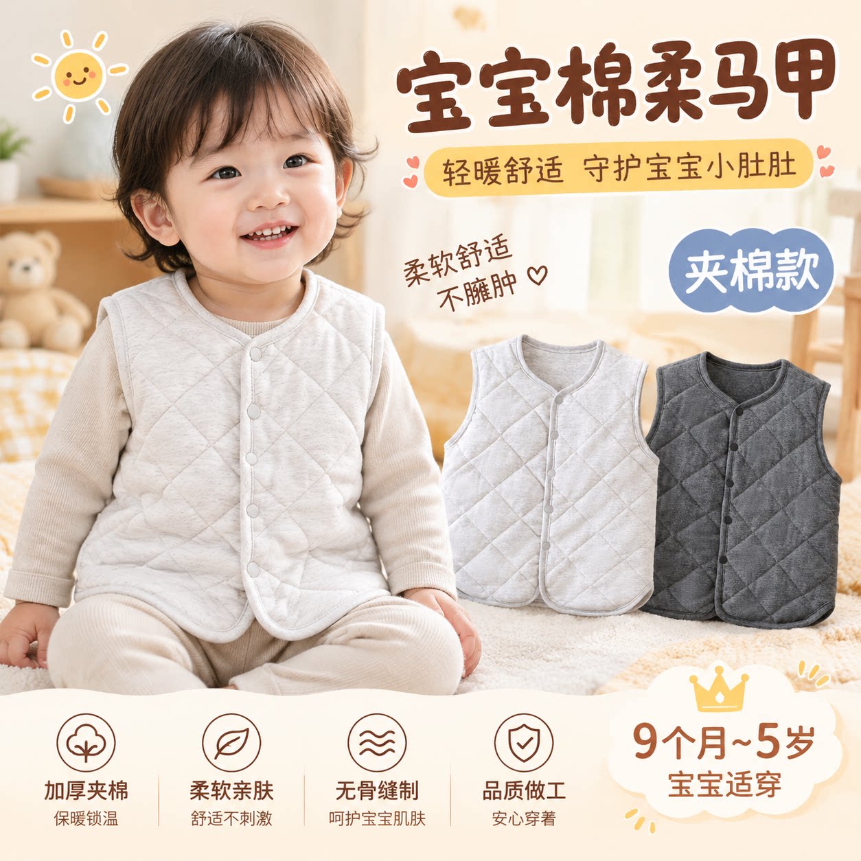 婴儿马甲纯棉面料秋冬保暖宝宝背心儿童小马甲男女童无袖夹棉马夹