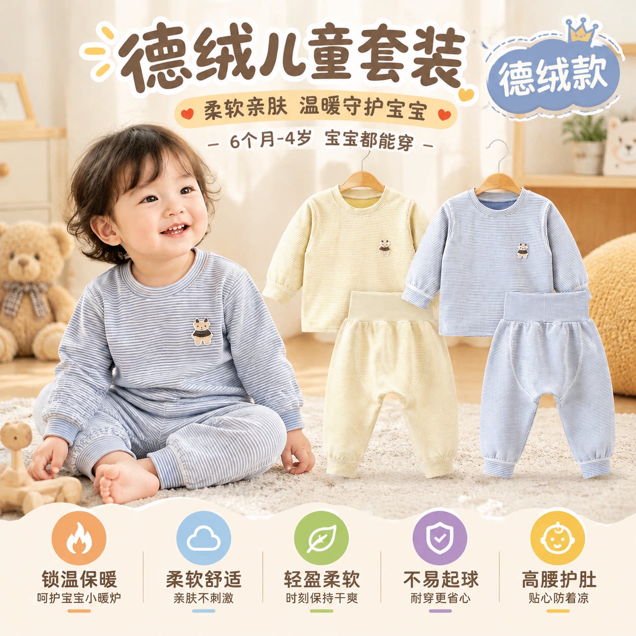 婴儿德绒套装秋冬装保暖男女宝宝秋衣秋裤打底儿童分体家居服睡衣
