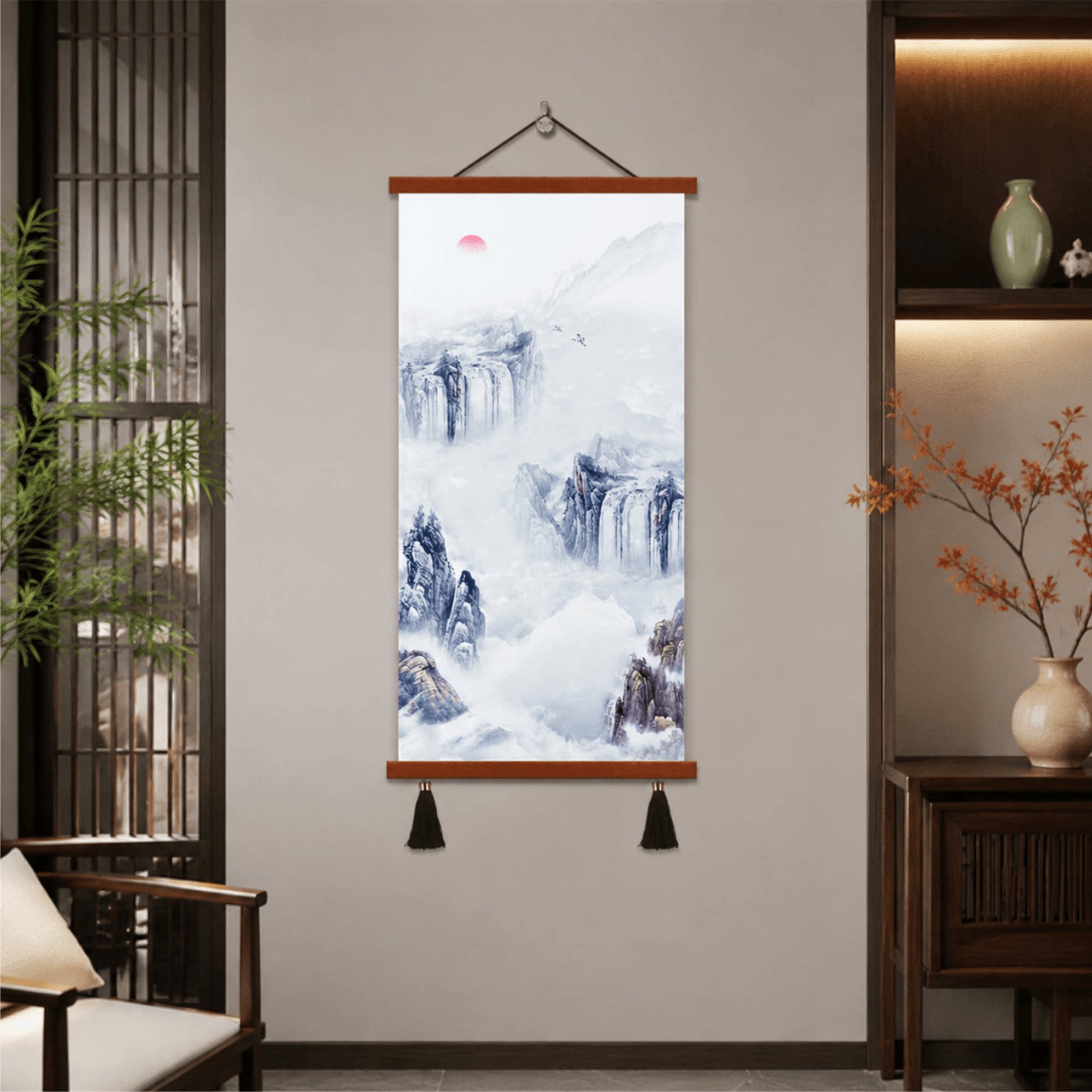 轻奢新中式水墨山水旭日飞瀑云海玄关走廊客厅墙面装饰挂画