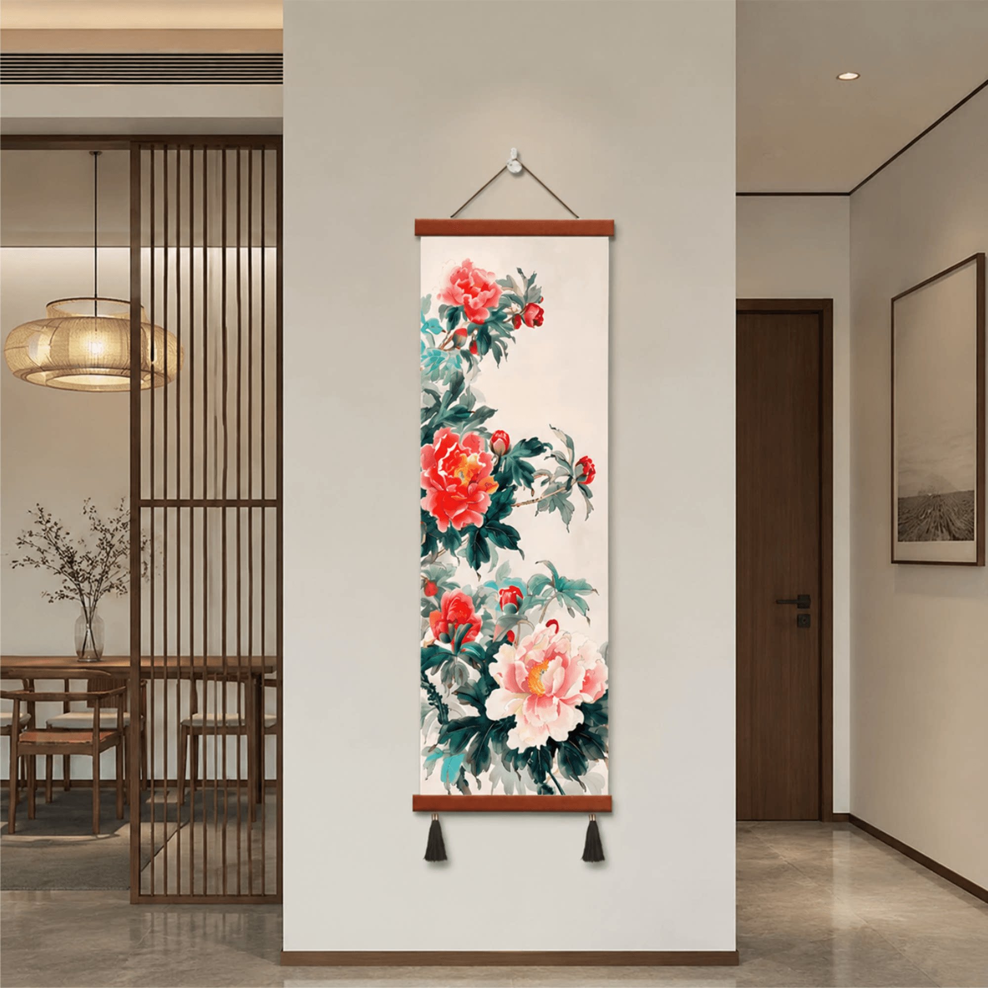 新中式牡丹花玄关装饰挂画走廊过道墙面壁画客厅书房茶室软装挂画