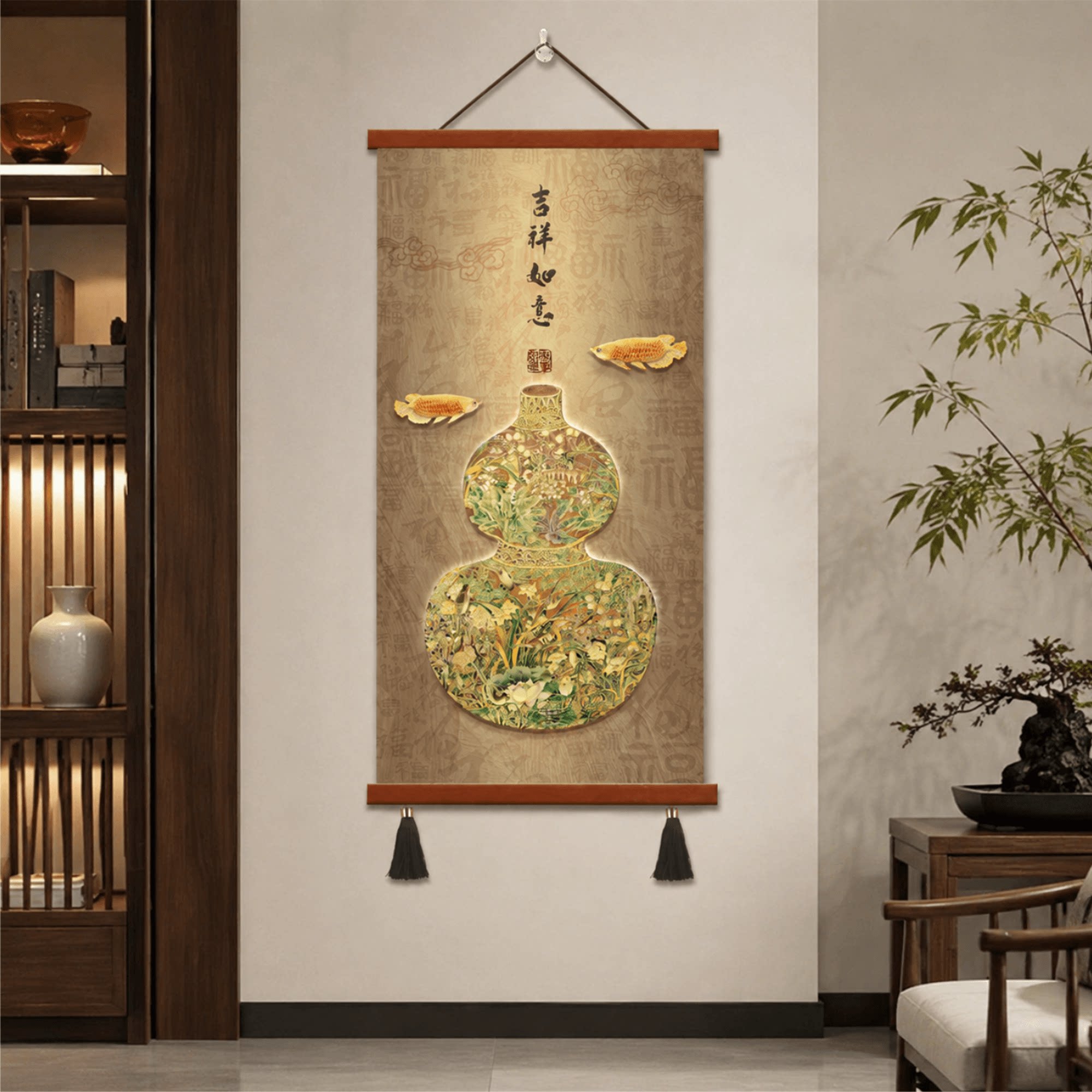 新中式吉祥如意葫芦金龙鱼百福图轻奢立体浮雕入户玄关装饰挂画