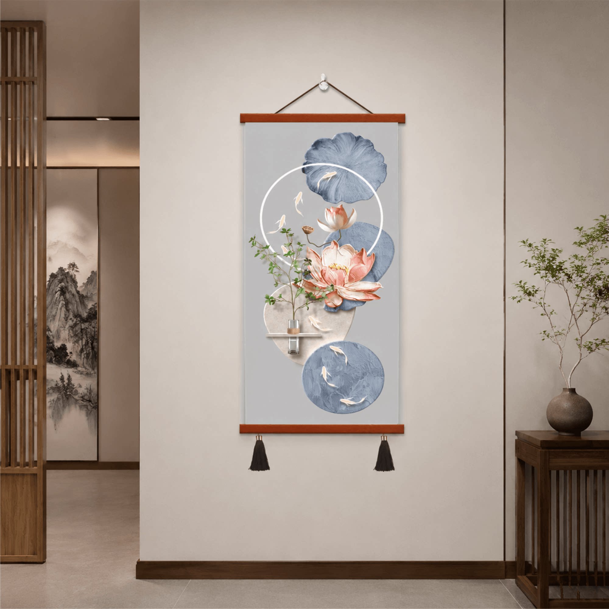 新中式玄关装饰画荷花九鱼图走廊过道竖版挂画客厅墙面的大气壁画