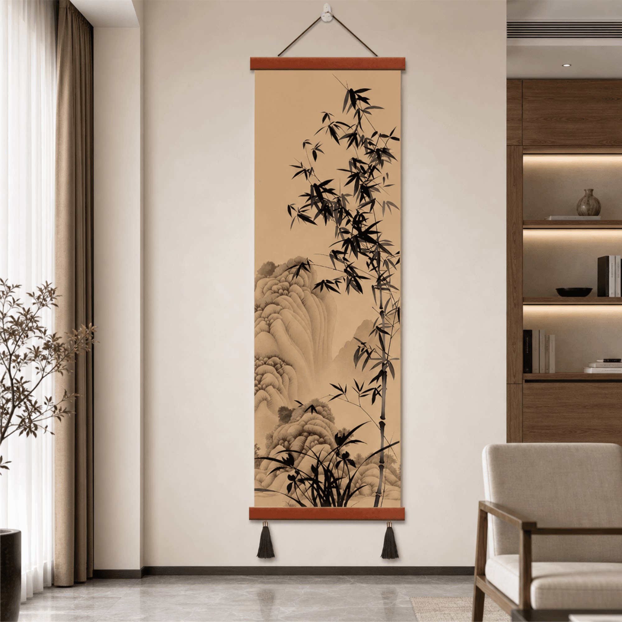 新中式水墨竹山水装饰挂画玄关客厅书房竖版壁画轻奢国风墙面挂饰