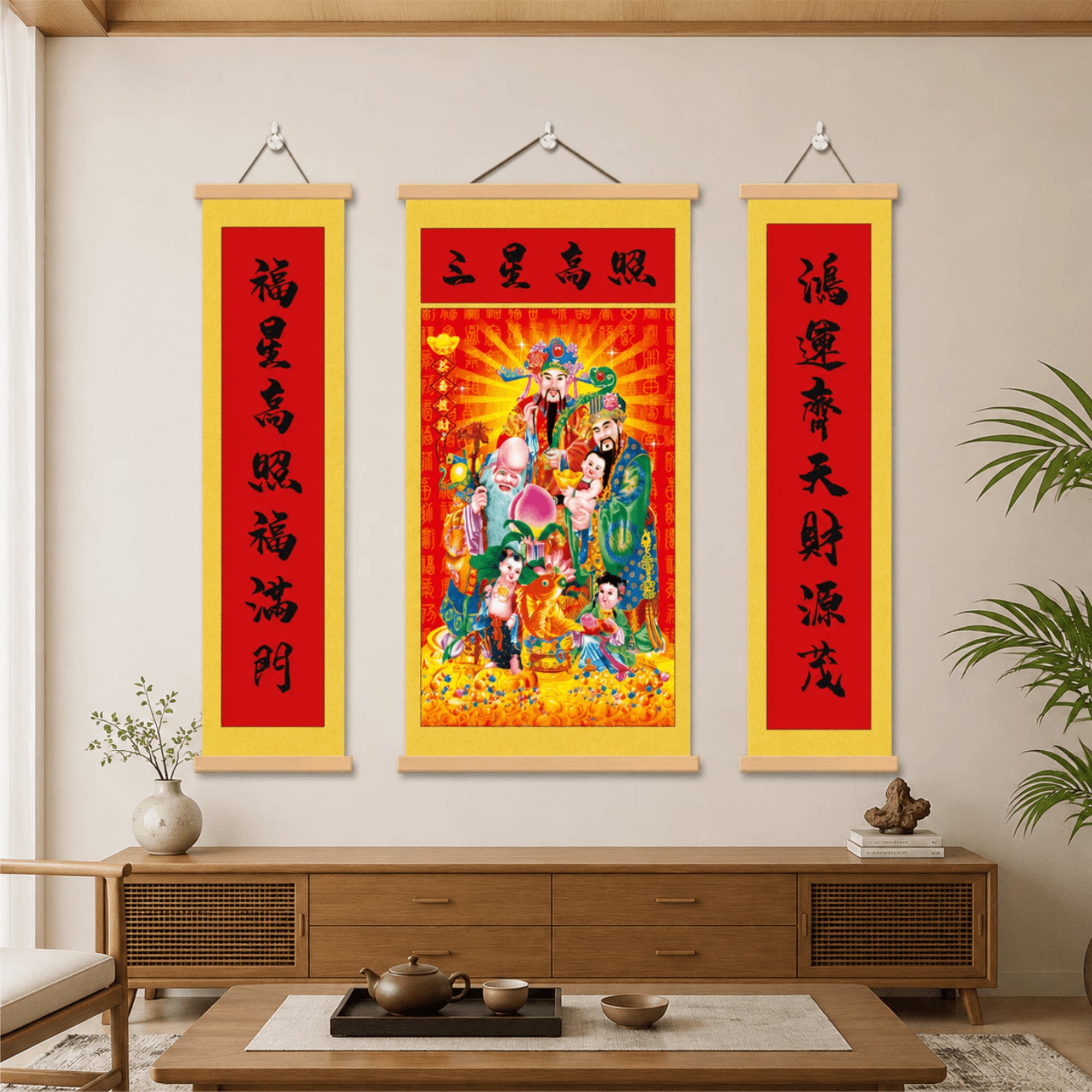 三星高照福禄寿喜财中堂挂画客厅玄关装饰对联壁画新年喜庆大气款