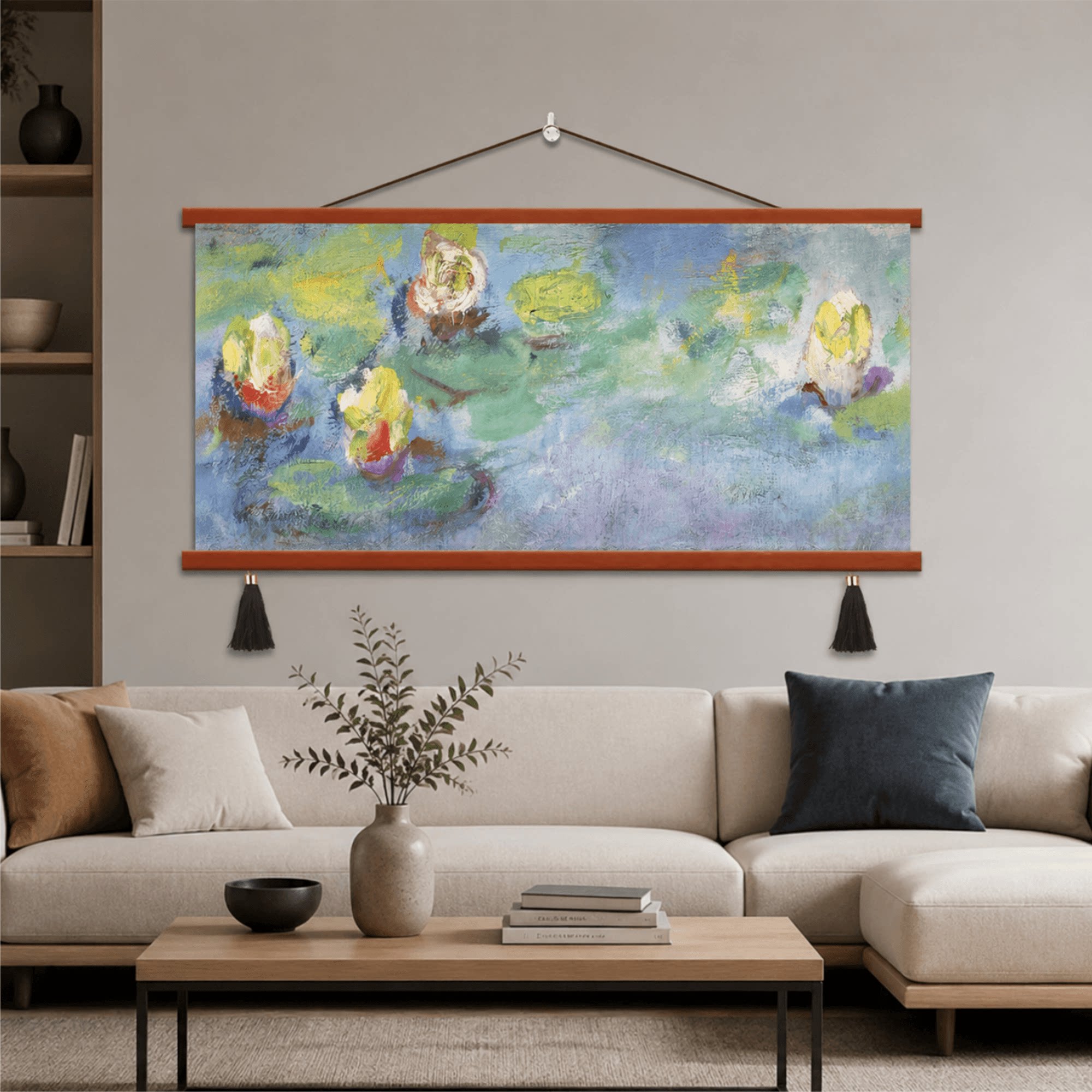 莫奈睡莲油画横版客厅沙发背景墙装饰挂画卧室床头轻奢高级感壁画