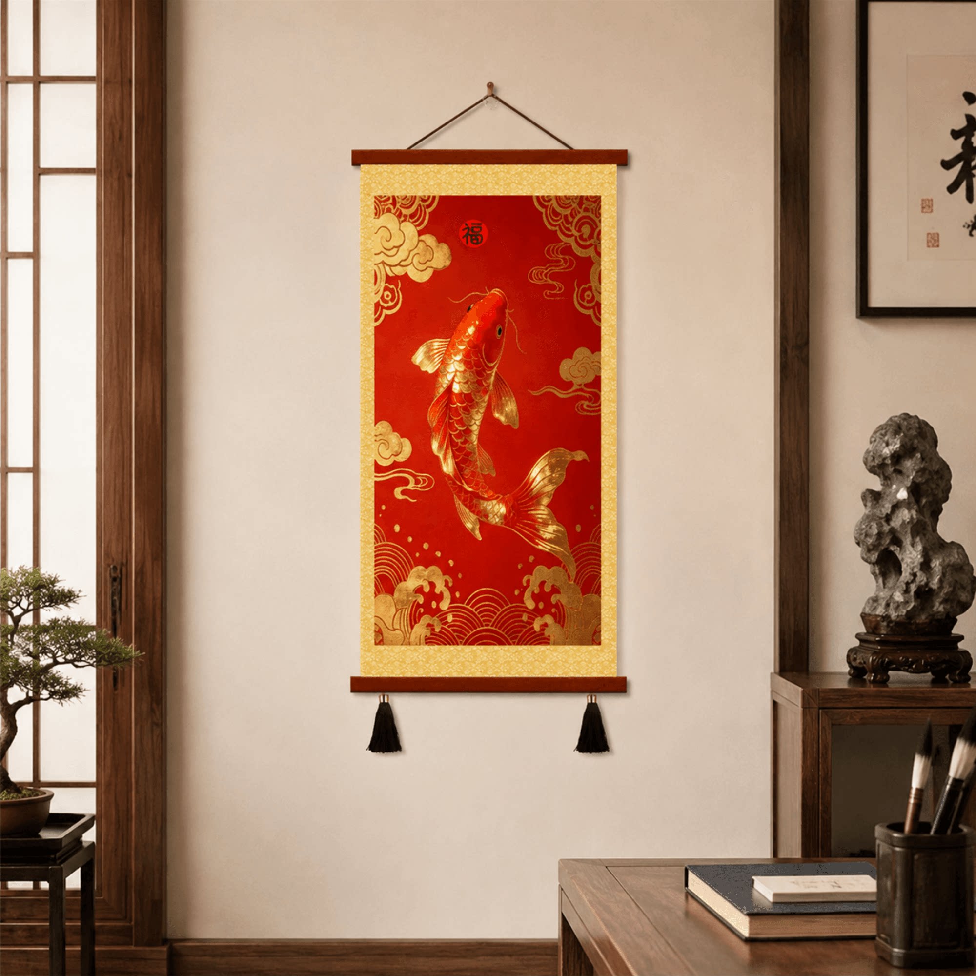 新中式招财锦鲤福字装饰画玄关走廊书房客厅墙面竖版挂画年年有余