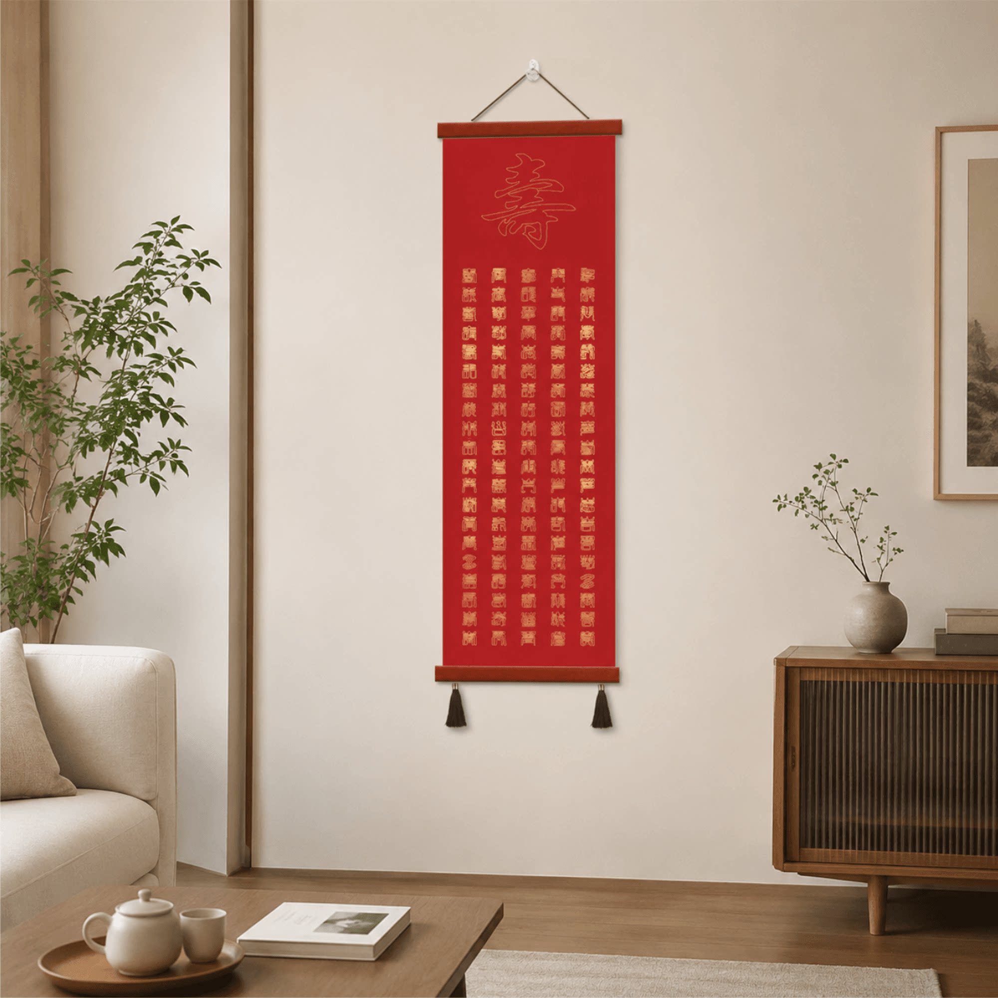 轻奢大气高端雅致新中式百寿图书法挂画客厅玄关背景墙装饰画