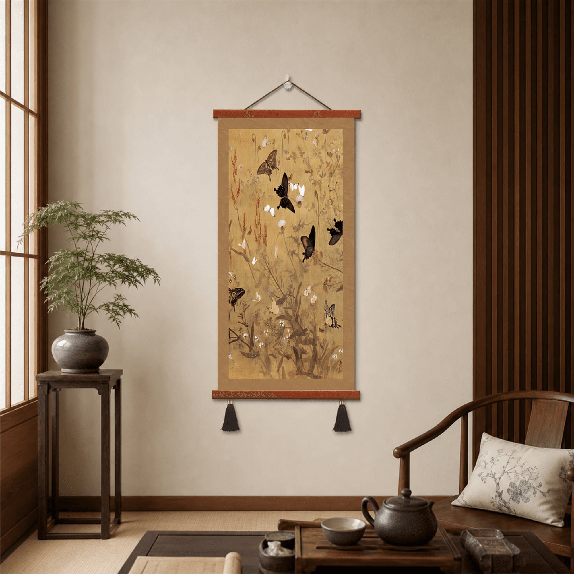 日式新中式复古蝴蝶花草国画客厅茶室书房玄关走廊墙面轻奢装饰画