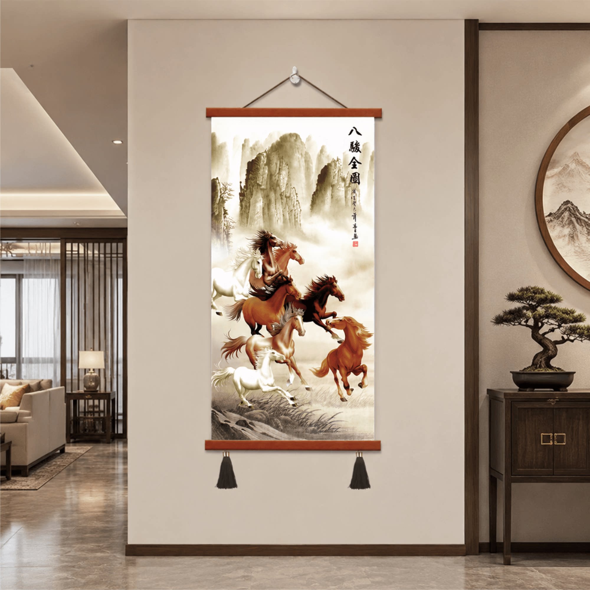 新中式玄关八骏全图装饰挂画客厅书房办公室马到成功竖版国风墙画