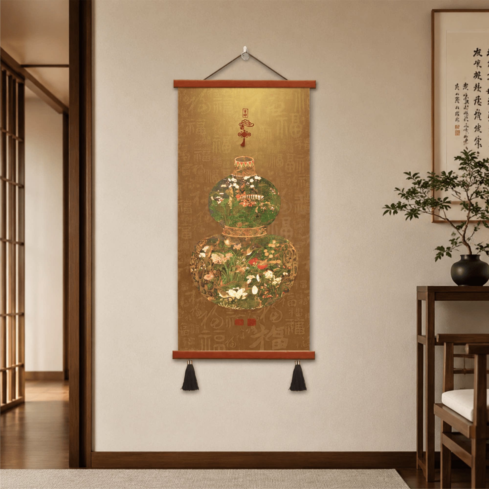 新中式入户玄关葫芦百福图挂画客厅走廊过道墙面招财风水装饰壁画