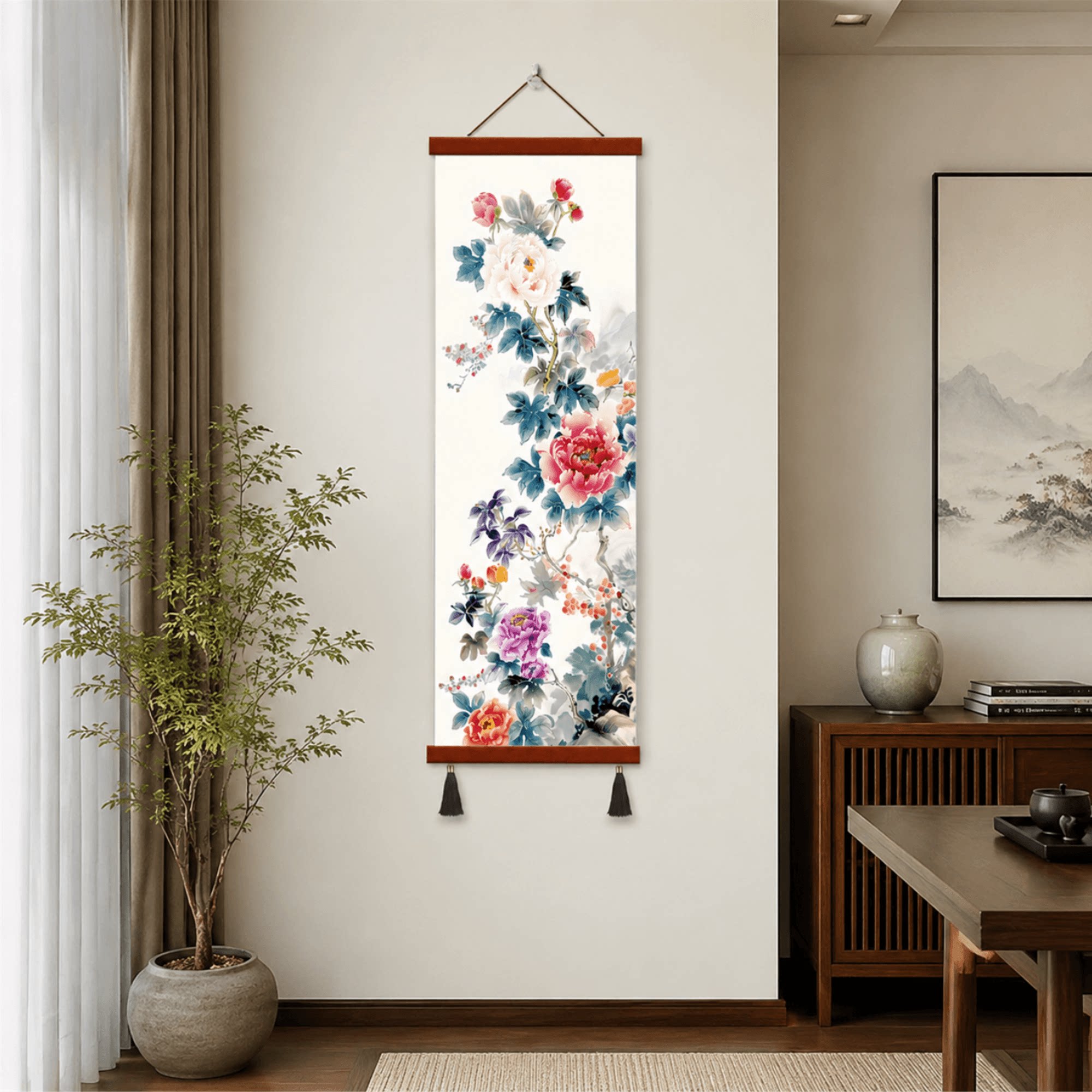 新中式轻奢水墨牡丹花鸟玄关竖版装饰挂画客厅书房墙面精品装饰画