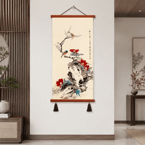 复古精美雅致新中式山茶花鸟画装饰画客厅玄关书房茶室墙面挂画