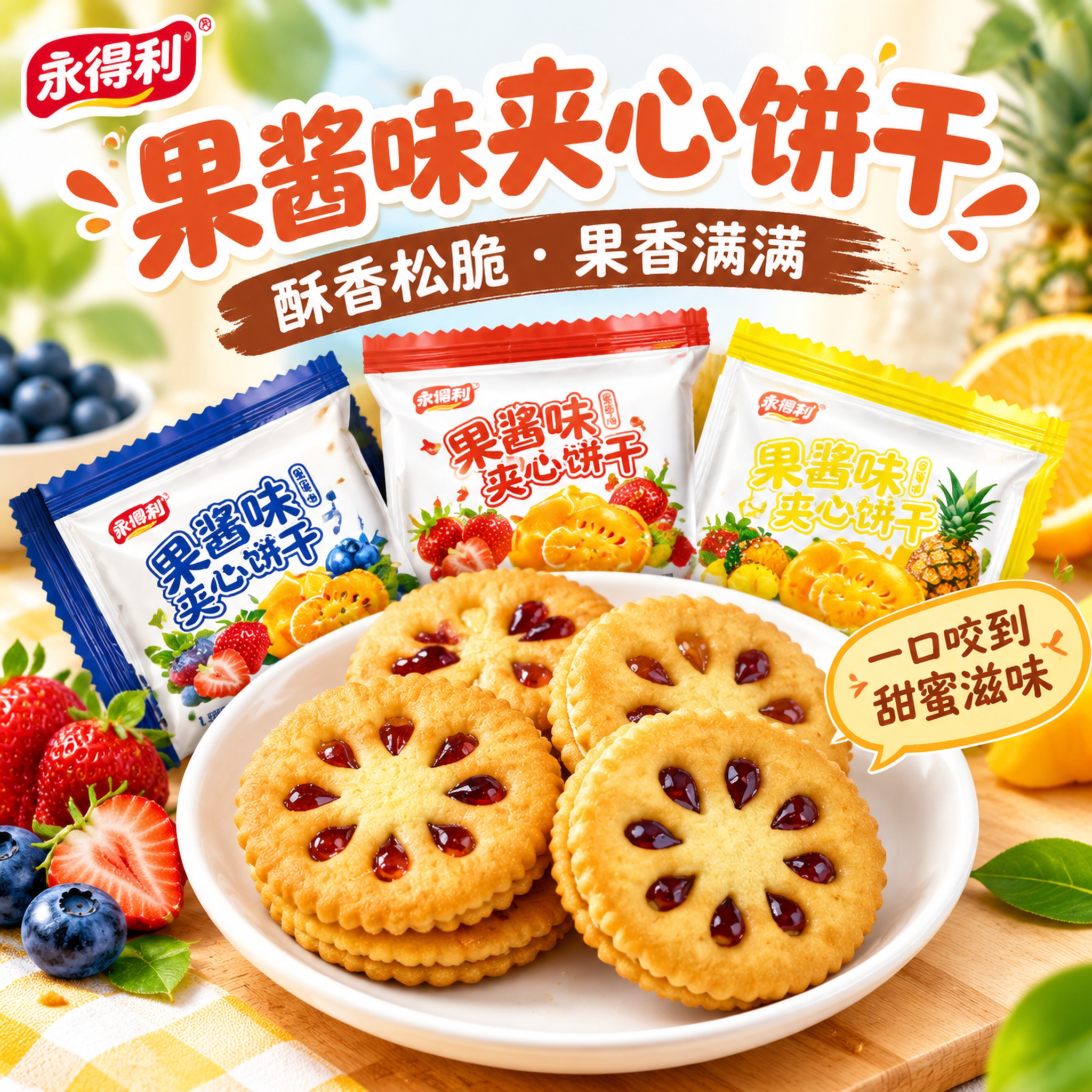 永得利果酱味夹心饼干蓝莓味多款口味酒店4S店招待客户休闲小零食