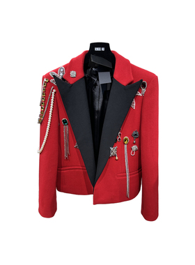 ROKKI HU 风格重工刺绣宴会聚会CE手工水钻红色羊绒外套