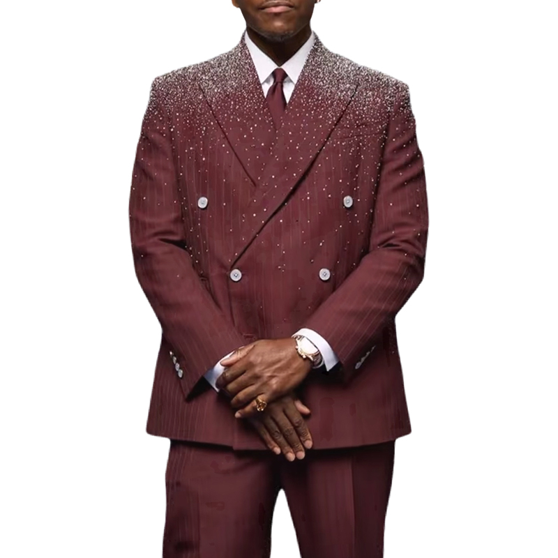 ROKKIHU酒红色条纹双排扣西装男