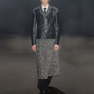 毛呢长裙小众定制款 走秀款 暗黑先锋拼接羊皮夹克男士 ROKKIHU