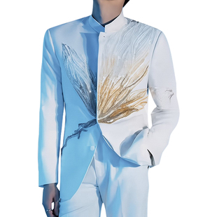 ROKKIHU 新款新中式立领西装男蓝白渐变羽毛刺绣西服商务演出外套